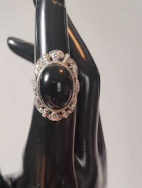 UNCAS 925 Sterling Silver Antique Art Deco Real Black Onyx Marcasite Ring Size 6